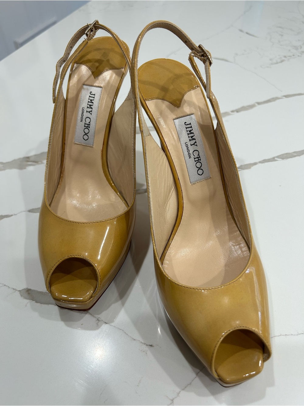 Jimmy Choo Tan/Yellow Patent Leather Peep-Toe Slingback Heels